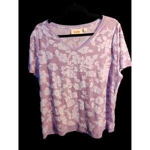 EVRI Purple Lace Floral V-Neck Short Sleeve Top, Size 0X